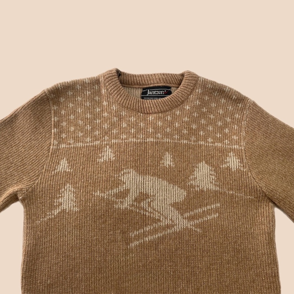Vintage 70s Jantzen Ski Lodge Tan Wool Sweater Size Medium